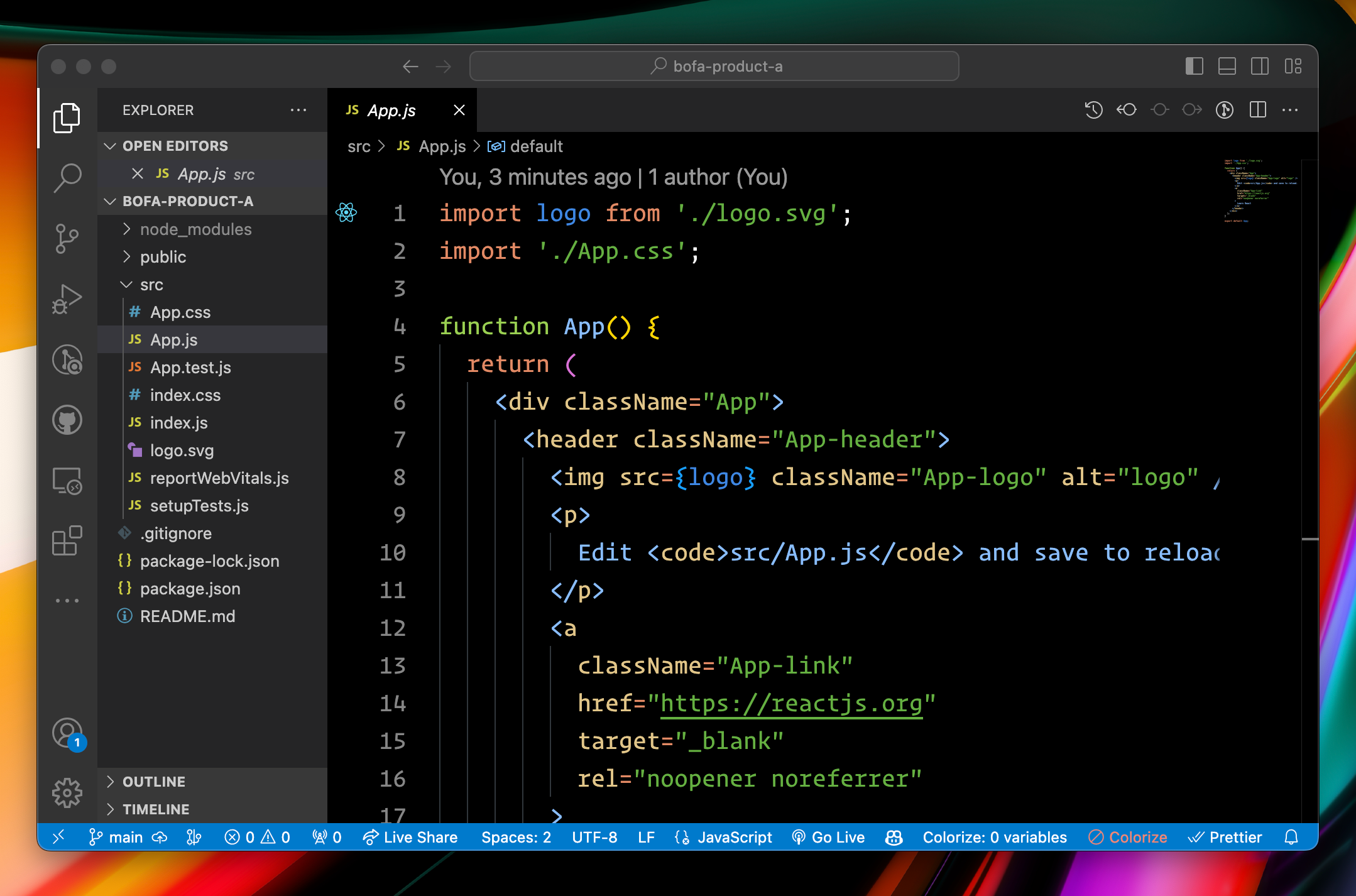 VSCode displaying all of the boilerplate code for a new React app
